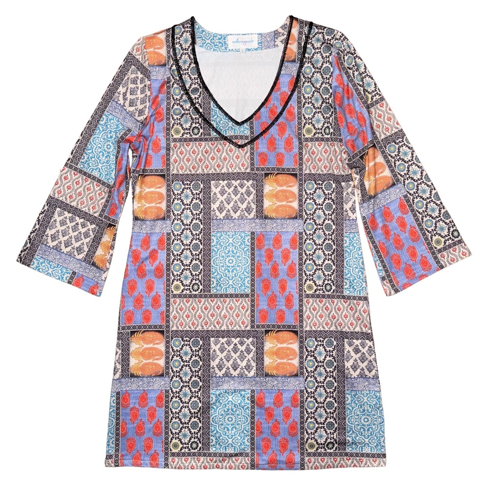 💙💖 Walker & Wade Patchwork‎ V-Neck Beaded Shift Mini Dress Boho Coastal Summer